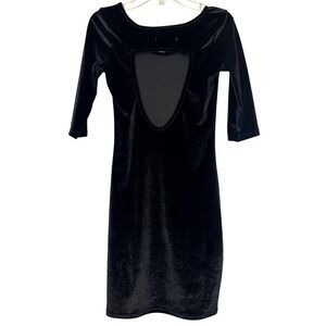 Black Velvet Bodycon Dress Open Back Mesh Panel 90s Y2K‎ Mini Small